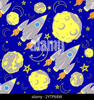 Kindliches nahtloses Muster mit handgezeichneten Weltraumelementen Raum, Rakete, Stern, Umlaufbahn, Planet. Trendiger Hintergrund für Kinder. Stockfoto