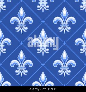 Ein nahtloser, vom Mardi Gras inspirierter Hintergrund mit einem königsblauen Fleur-de-Lis-Muster, ergänzt durch diagonale Muster und gepunktete Akzente, die von inspiriert sind Stock Vektor