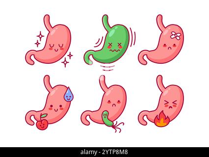 Eine Reihe von Magenfiguren im Kawaii-Stil, ein krankes Organ des Verdauungsapparates. Übelkeit, Sodbrennen. Bariatrie, Gastritis und Ulzera. Ideal Stock Vektor