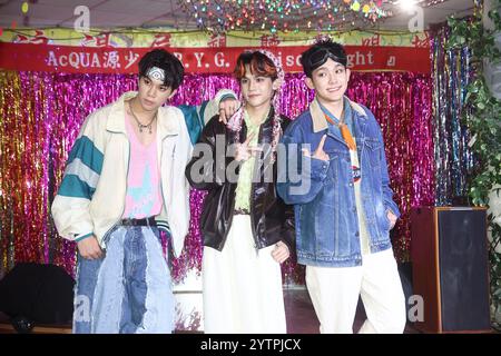 TAIPEI, CHINA - 6. DEZEMBER 2024 - Acqua R.Y.G., bestehend aus Lin Yujia, Always You und Trunkene Texte, nahmen an der Veröffentlichung des neuen Songs des Dynami Teil Stockfoto