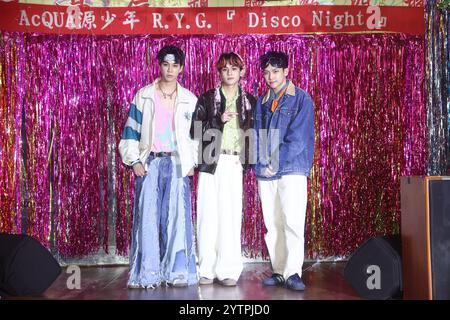 TAIPEI, CHINA - 6. DEZEMBER 2024 - Acqua R.Y.G., bestehend aus Lin Yujia, Always You und Trunkene Texte, nahmen an der Veröffentlichung des neuen Songs des Dynami Teil Stockfoto