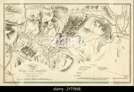 Plan-Straße des Simplon, die die Route über den Alpenpass zeigt, wie sie zwischen 1800 und 1807 gebaut wurde Stockfoto