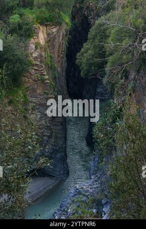 Gole dell Alcantara-Schlucht aus Basaltsäulen mit Fluss in der Nähe des Ätna-Vulkans, Motta Camastra, Sizilien, Italien Stockfoto