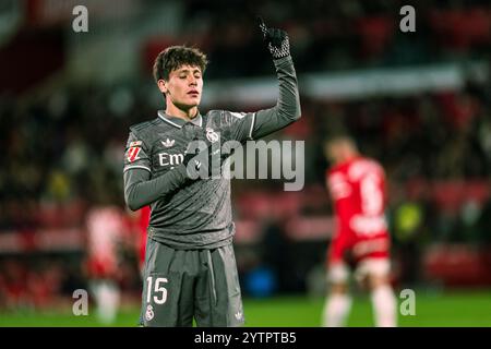 Girona, Spanien. Dezember 2024. Arda Guler von Real Madrid feiert sein Tor während des LaLiga-Fußballspiels zwischen Real Madrid und Girona FC in Girona, Spanien, am 7. Dezember 2024. Quelle: Joan Gosa/Xinhua/Alamy Live News Stockfoto