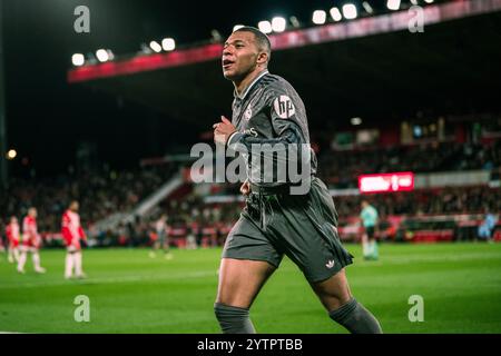 Girona, Spanien. Dezember 2024. Kylian Mbappe von Real Madrid feiert sein Tor während des LaLiga-Fußballspiels zwischen Real Madrid und Girona FC in Girona, Spanien, am 7. Dezember 2024. Quelle: Joan Gosa/Xinhua/Alamy Live News Stockfoto