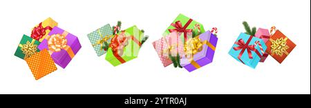 Lebendige Gruppen von Weihnachtsgeschenkboxen mit Bändern und Schleifen in realistischen Farben. Präsentiert festliche Atmosphäre 3D-Objekte bündeln sich auf weiß Stock Vektor