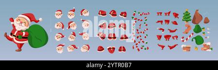 Weihnachtsmann verschiedene Posen Konstruktor Farbe Vektor Illustration Set. Weihnachtsfeier mit dem Heiligen Nikolaus-Charakter auf blauem Hintergrund Stock Vektor