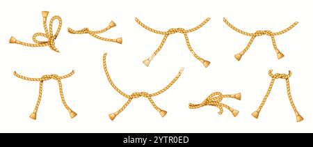 Goldene Seidenseide, die in verschiedenen komplizierten Knoten gebunden sind, realistische Farbsymbole. Elegante Quasten an Garnen 3D-Objekte bündeln sich auf weißem Hintergrund Stock Vektor