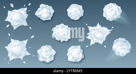 Schneebälle und Spritzer realistische Vektorsymbole gesetzt. Schneekugeln für aktives Winterspiel 3D-Objekte bündeln sich auf transparentem Hintergrund Stock Vektor