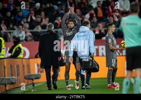 Madrid, Spanien. Dezember 2024. Jude Bellingham (Real Madrid CF) gibt Gesten während des Spiels La Liga EA Sports zwischen Girona FC und Real Madrid im Estadi Municipal de Montilivi. Endergebnis: Girona FC 0 - 3 Real Madrid. Quelle: SOPA Images Limited/Alamy Live News Stockfoto