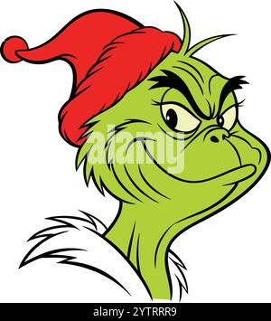 Grinch Christmas Emoji wütendes Gesicht mit Weihnachtsmütze Stock Vektor