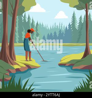 Vektorillustration einer Afrikanerin, die Wasser in einem Waldteich reinigt. Ökologisches Konzept der Naturpflege und der Sauberkeit von Flüssen. Für ökologisch Stock Vektor