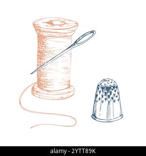 Holzspule, Nadel und Fingerhut. Hand gezeichnete Tinte Vektor Illustration Nähen Handwerk Stickerei Zubehör. Zusammensetzung isoliert auf Stock Vektor