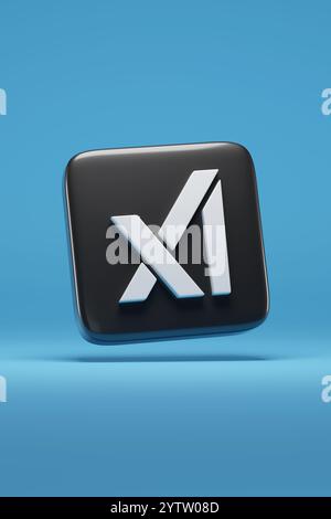 Buenos Aires, Argentinien - 15. November 2024: XAI-Logo in drei Dimensionen isoliert auf blauem Hintergrund. 3D-Abbildung. Stockfoto