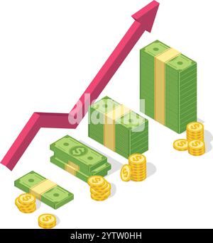 Banknoten- und Münzstapel nehmen zu, begleitet von einem steigenden roten Pfeil, der ein positives Finanzwachstum, erfolgreiche Investitionen und steigende Gewinne darstellt Stock Vektor