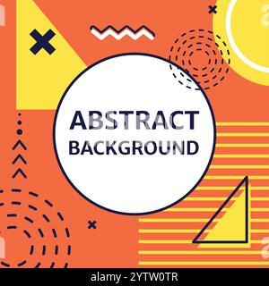 Lebendiger, farbenfroher abstrakter Hintergrund mit geometrischen Formen wie Dreiecken, Kreisen und Linien in einem verspielten memphis-Design mit einem zentralen weißen Kreis Stock Vektor
