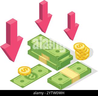 Rote Pfeile, die auf Dollarnoten und -Münzen nach unten zeigen, veranschaulichen den Wertabfall und heben Themen wie Abwertung, Finanzkrise und Konjunkturabschwung hervor Stock Vektor