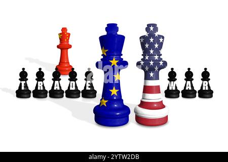 Schach aus US-, EU- und China-Flaggen auf weißem Hintergrund mit WORTHANDEL Stockfoto