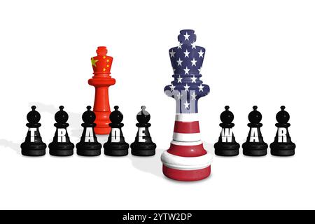 Schach aus US- und China-Flaggen auf weißem Hintergrund mit WORTHANDEL Stockfoto