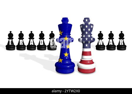 Schach aus US- und EU-Flaggen auf weißem Hintergrund mit WORTHANDEL Stockfoto