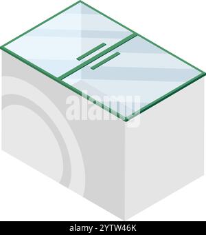 Waschmaschine mit leuchtendem grünem Rahmen und schlanker Glasabdeckung, die eine sich drehende Trommel in isometrischer Projektion zeigt, isoliert gegen ein c Stock Vektor