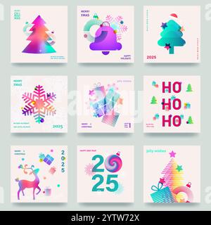 Ein großer Satz farbenfroher Karten, Flyer, Poster für das neue Jahr 2025. Weihnachtsgrüße. Moderner minimalistischer Stil. Verlaufsfarben. Vektor Stock Vektor