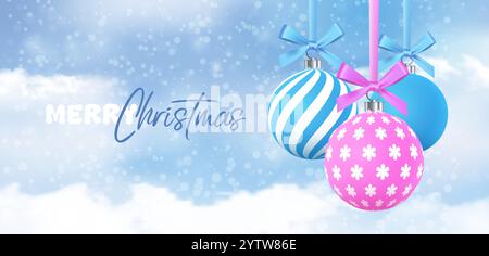 Frohe Weihnachten und frohes neues Jahr. Grußkarte, Poster, Weihnachtsbrief. Es gibt blaue und rosa Silvesterbälle in den Wolken. Vektorabbildung Stock Vektor