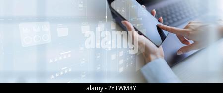 Projektmanagement und Workflow-Optimierung auf einem breiten Banner, Geschäfts- und Technologiekonzept. Stockfoto