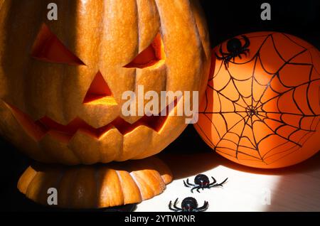 Kürbiskopf Jack-o-Laterne und verschiedene kleine Spinnen auf schwarzem Hintergrund und dekorative Spinnweben. Hintergrund der Halloween-Feiertage in den Rochen Stockfoto