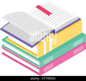 Die isometrische Illustration zeigt einen Stapel farbenfroher Bücher, wobei ein offenes Buch seine Seiten anzeigt und ein rotes Lesezeichen darüber platziert wird, das Readin symbolisiert Stock Vektor