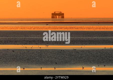 Eine Gasförderplattform im Wattenmeer bei Sonnenuntergang, Niederlande Stockfoto