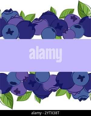 Blaue und violette Heidelbeere. Nahtloser Rahmen. Vektorbanner grafische Umrissdarstellung Stock Vektor