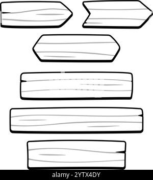 Holzdielen Zeichensatz, schwarz-weiß handgezeichnete Vektorillustration. Zeichentrickholzvorlage für Schilder und Pfeile. Stock Vektor