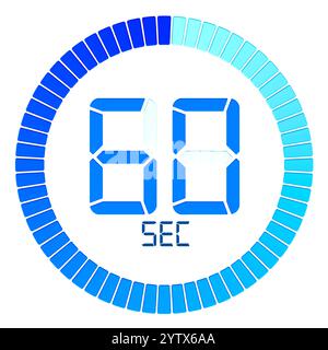 Symbol für digitalen Timer, Countdown von 60 Sekunden. 3D-Rendering isoliert auf weißem Hintergrund Stockfoto