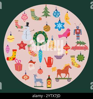 Weihnachten nahtlose Muster Retro Kugeln, Spielzeug. Doodle Vintage-Symbole Stock Vektor