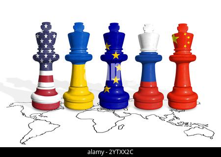 Schach aus Fahnen der Ukraine, der USA, der EU, Chinas und Russlands Stockfoto