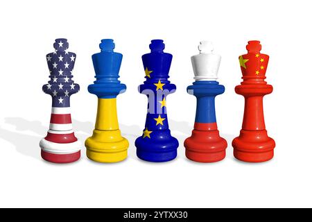 Schach aus Fahnen der Ukraine, der USA, der EU, Chinas und Russlands auf weißem Hintergrund Stockfoto