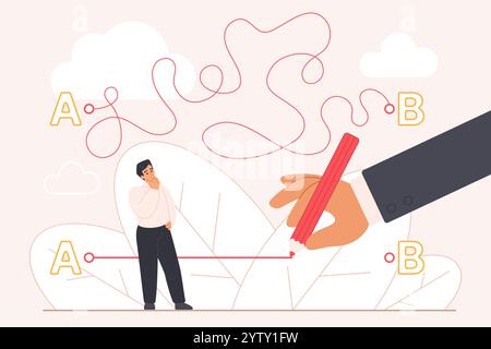 Einfache Lösung für Probleme und Karriereunterstützung, einfache Abkürzung durch den Mentor. Riesige Hand des Bosses oder Trainers zeichnet gerade Weg zum Tor, Linie von Punkt A nach B für Tiny man Cartoon Vektor Illustration Stock Vektor