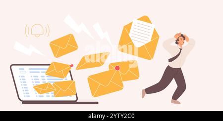 Postfachüberladung mit Spam-Nachrichten, E-Mail-Plattform-Warnungen, Betrug und betrügerische Briefzustellung. Winziger Geschäftsmann, der vor Angst vor vielen Umschlägen auf Laptop-Bildschirm Cartoon-Vektor-Illustration davonläuft Stock Vektor