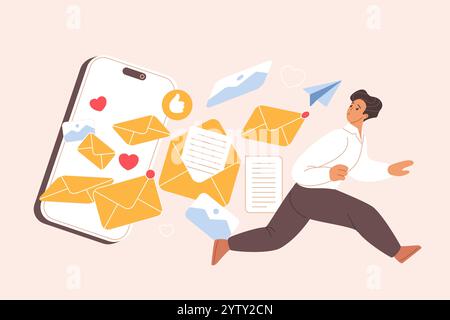 Spam-Überladung, Informationen, Informationen, Info-Information, Info-Information erkannt. Winziger überforderter Geschäftsmann, der vor Stress vor dem Angriff von E-Mail-Nachrichten auf dem Smartphone-Bildschirm Cartoon-Vektor-Illustration davonläuft Stock Vektor