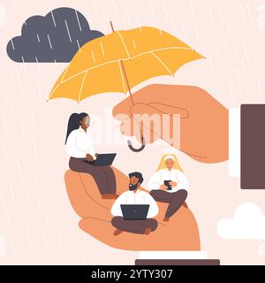 Versicherungsschutz für Mitarbeiter, Arbeitsleistungen und Unterstützung des Wohlbefindens. Riesige Hand des Arbeitgebers, der einen Regenschirm hält, um das Unternehmensteam winziger Leute vor Regen-Karikaturvektorillustration zu schützen Stock Vektor