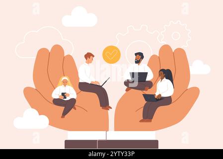 Unternehmensunterstützung und -Betreuung für Mitarbeiter, Wohlbefinden und berufliche Laufbahnentwicklung, Beschäftigungsstrategie. Große Hände des Arbeitgebers halten glückliches Team von winzigen Leuten am Arbeitsplatz Karikaturvektor Illustration Stock Vektor