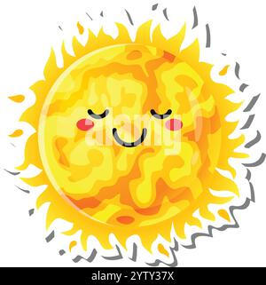 Diese lebendige Illustration zeigt einen fröhlichen Sonnencharakter, der Wärme und Glück mit geschlossenen Augen und einem sanften Lächeln ausstrahlt, perfekt für Kinderbücher oder Projekte mit Sommermotiven Stock Vektor
