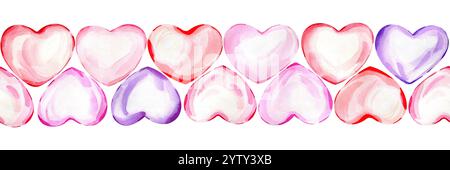 Valentinstag Herzen nahtlose Grenze Aquarell Hand gezeichnet Illustration Liebe Tag Dekoration. Urlaubsdekor. Rosafarbenes Herzband. Horizontale Herzlinie Stockfoto