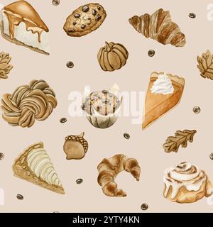 Herbstgebäck und Desserts. Herbst Delicious Candy Sweets. Aquarell Lebensmittel nahtloses Muster auf beigem Hintergrund für Bäckerei Design, Küchentextil, Feinkost Stockfoto