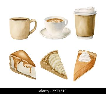 Kaffee, Teetassen und Gebäck, Desserts. Heiße Getränke und Süßigkeiten. Aquarell-Lebensmittelillustration handgemalt isoliert auf weißem Hintergrund für Kaffee Stockfoto