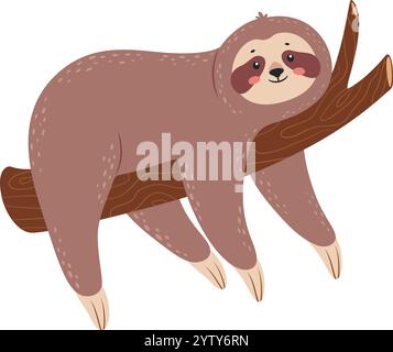 Entzückendes Cartoon Faultier, das an einem Baumzweig hängt und seine friedliche Existenz im Regenwald genießt, eine bezaubernde Darstellung der Ruhe und der Schönheit der Natur Stock Vektor