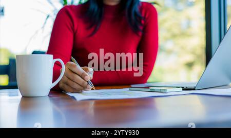 Geschäftsfrauen arbeiten an einem neuen Start-up auf Laptop, um die Finanzierung des Projekts zu analysieren. Frau, die einen Stift hält, während sie im Büro arbeitet. Nahaufnahme Schuss Hände von Stockfoto