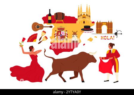 Reisen Sie nach Spanien. Spanische Kulturelemente, Sehenswürdigkeiten für Touristen auf Infografik-Collage mit Karte und Flagge, Flamenco-Tänzerin und Sagrada Familia, Stier und Stierkämpfer, Vektorillustration für Weincartoons Stock Vektor