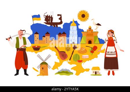 Reisen Sie in die Ukraine, Infografik-Kartenpräsentation mit Kosaken und süßer ukrainischer Frau im Blumenkranz, Elementen der Kultur und Wahrzeichen von Kiew, Bandura und Borsch-Cartoon-Vektor-Illustration Stock Vektor